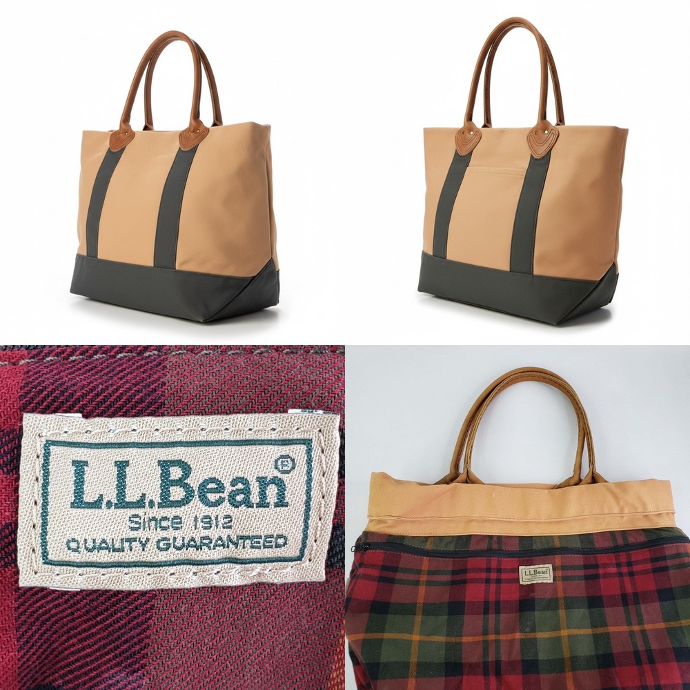 LL Bean Tote Boat Bag Vintage Tan Canvas Plaid Lined Leather Handle